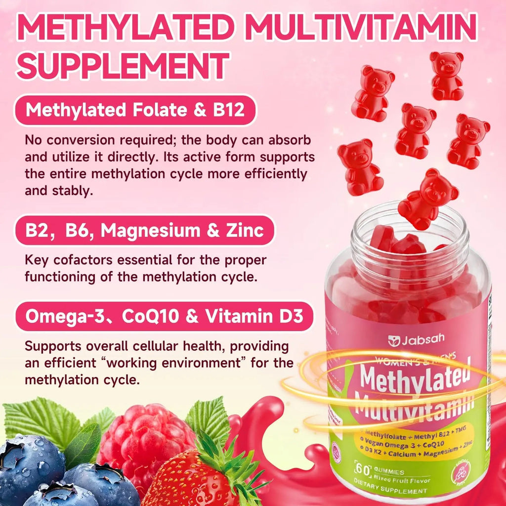 Methylated Vitamin B Complex Gummies for Women & Men, Multivitanins Gummy with Vitamin A, C ,E, Methylfolate & B12, TMG, Calcium, D3 K2 - TrustMedUSA