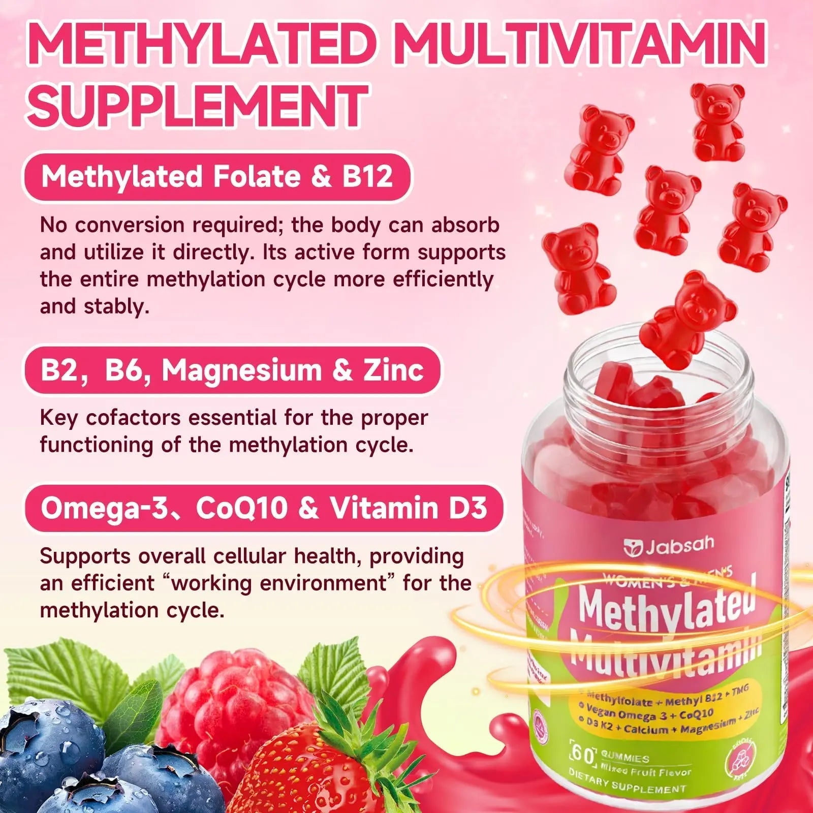 Methylated Vitamin B Complex Gummies for Women & Men, Multivitanins Gummy with Vitamin A, C ,E, Methylfolate & B12, TMG, Calcium, D3 K2 - TrustMedUSA