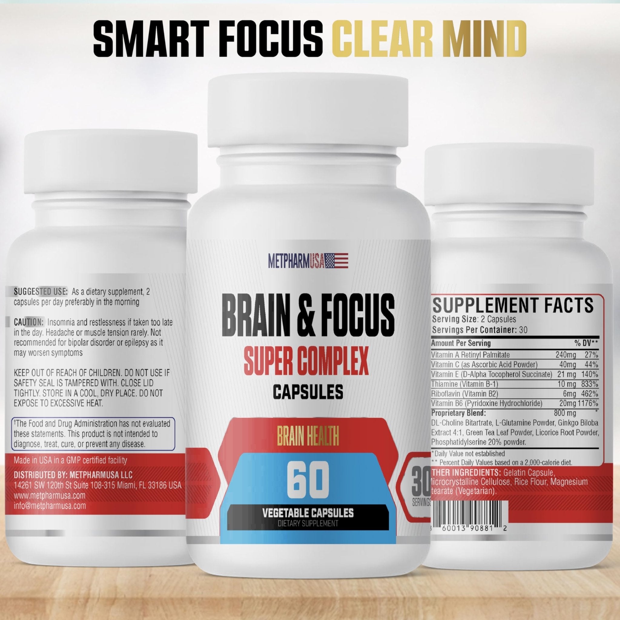 MetpharmUSA Brain & Focus Nootropic Super Complex Supplement for Brain Support and Performance, Improved Focus Memory and Mental Performance - TrustMedUSA