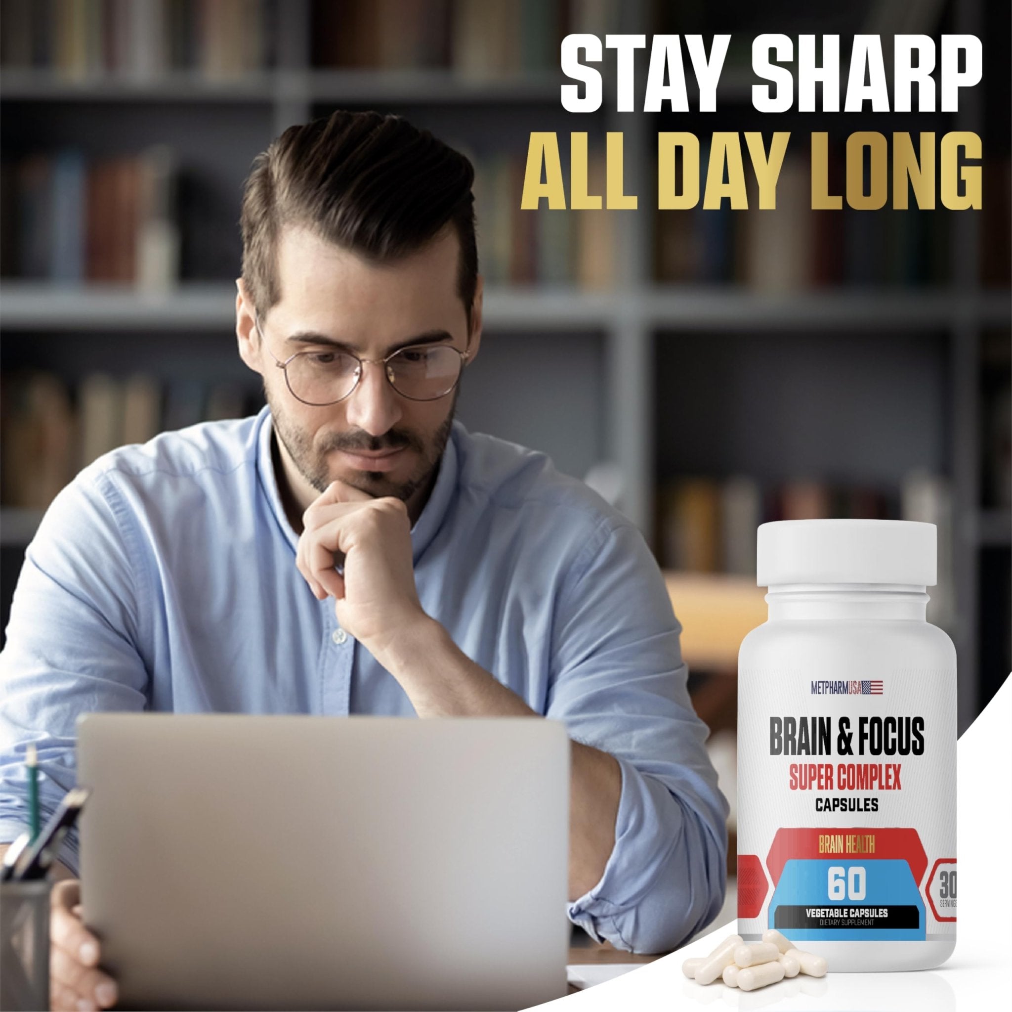 MetpharmUSA Brain & Focus Nootropic Super Complex Supplement for Brain Support and Performance, Improved Focus Memory and Mental Performance - TrustMedUSA