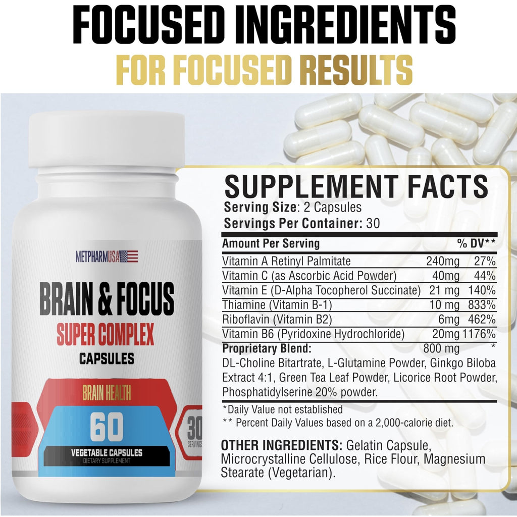 MetpharmUSA Brain & Focus Nootropic Super Complex Supplement for Brain Support and Performance, Improved Focus Memory and Mental Performance - TrustMedUSA