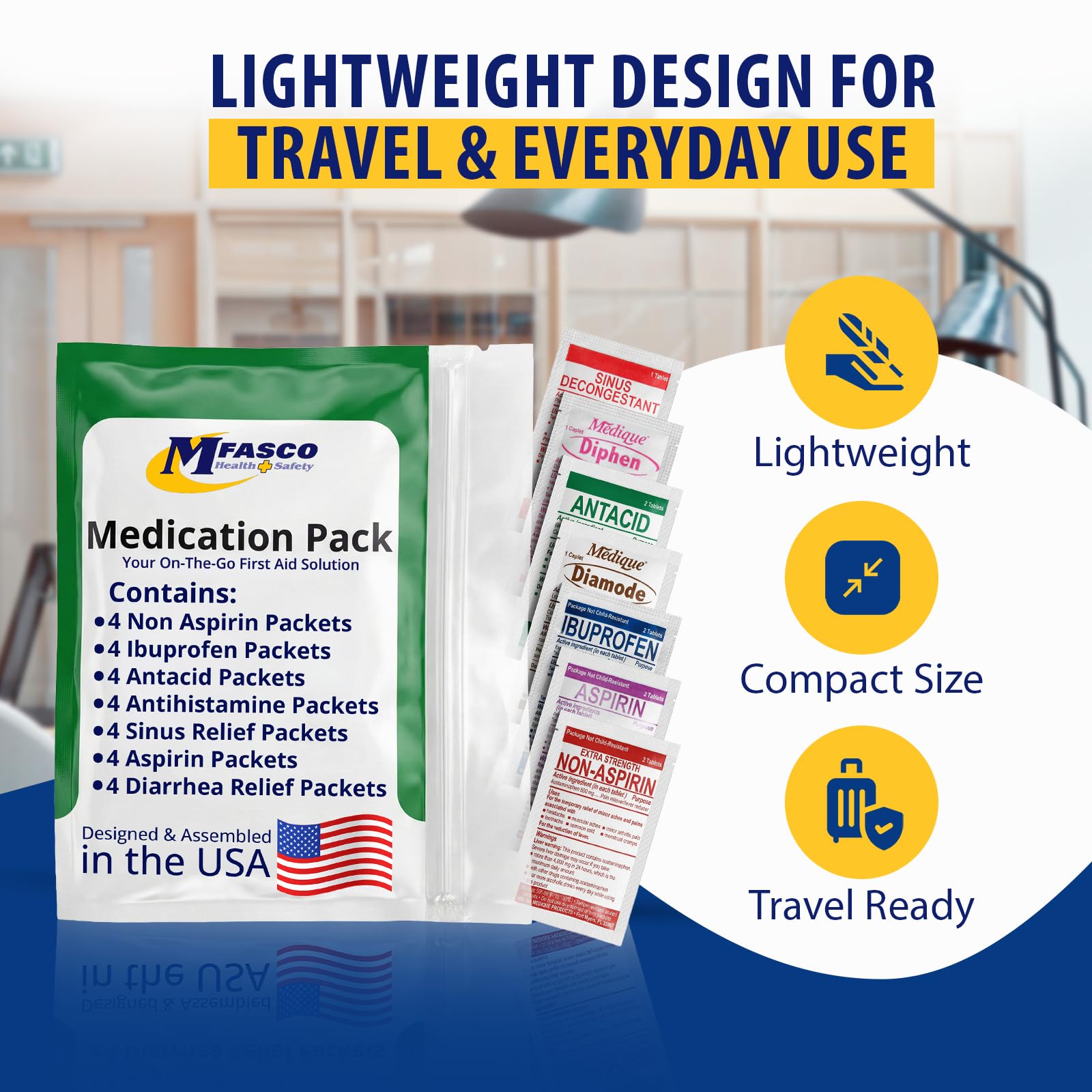 MFASCO - 7 in 1 - Travel Size Medicine Kit - TSA Approved | 28 First Aid Emergency OTC Medicine Packets for Cruise & International Travel | Compact Med Refill for Traveling & Office Assembled in USA - Maple Wellness Supplements