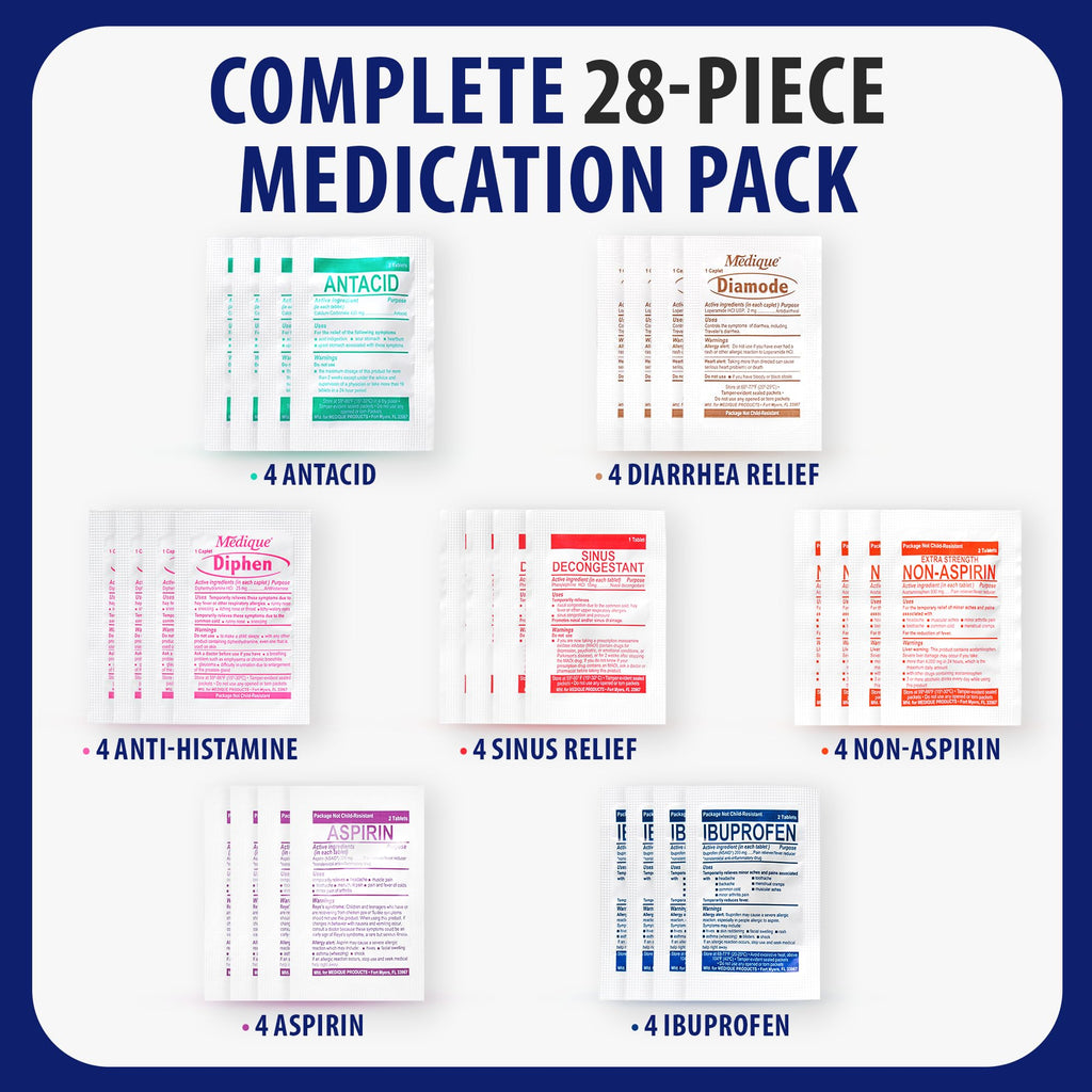 MFASCO - 7 in 1 - Travel Size Medicine Kit - TSA Approved | 28 First Aid Emergency OTC Medicine Packets for Cruise & International Travel | Compact Med Refill for Traveling & Office Assembled in USA - Maple Wellness Supplements