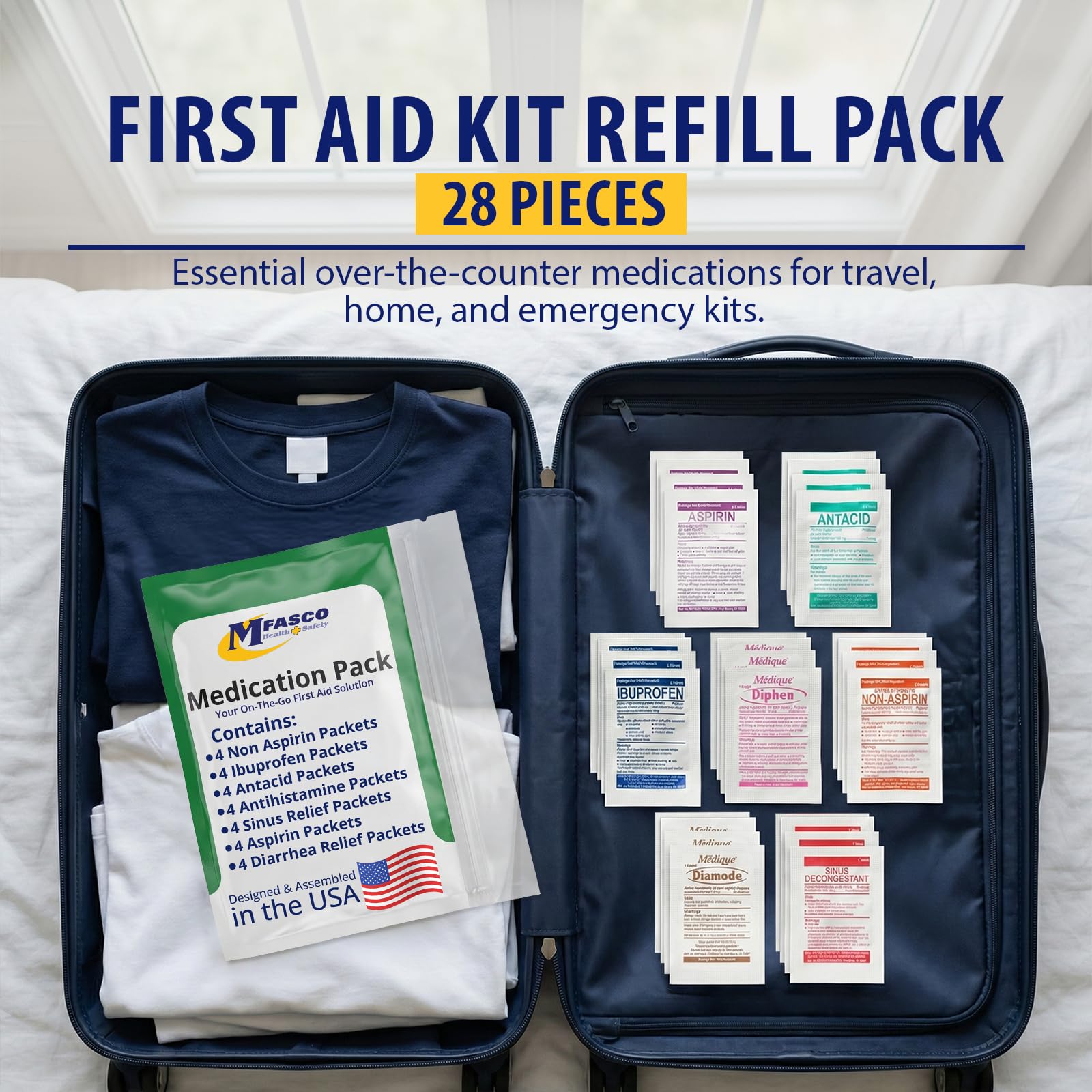 MFASCO - 7 in 1 - Travel Size Medicine Kit - TSA Approved | 28 First Aid Emergency OTC Medicine Packets for Cruise & International Travel | Compact Med Refill for Traveling & Office Assembled in USA - Maple Wellness Supplements