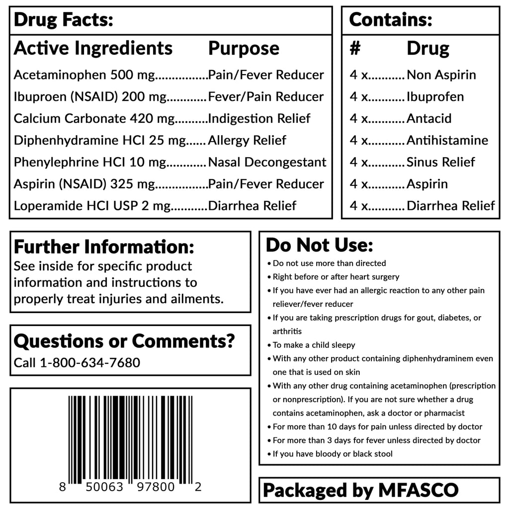 MFASCO - 7 in 1 - Travel Size Medicine Kit - TSA Approved | 28 First Aid Emergency OTC Medicine Packets for Cruise & International Travel | Compact Med Refill for Traveling & Office Assembled in USA - Maple Wellness Supplements