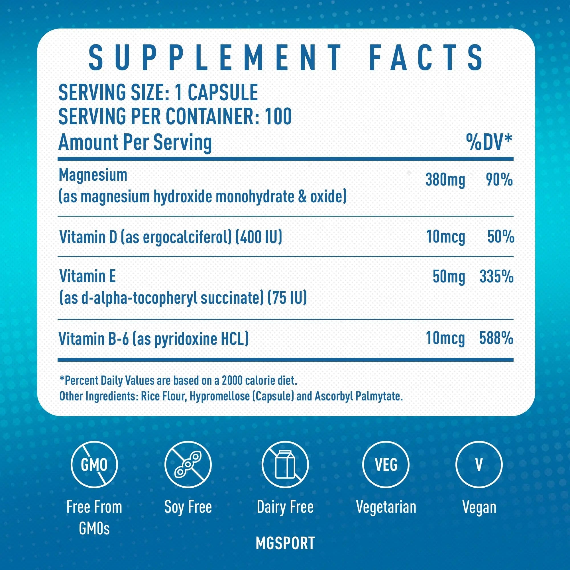 MGSPORT Magnesium Supplement 380mg - High Absorption Magnesium Complex Formula with Vitamins B6, D, E - Supports Muscle Function and Sleep Quality - 100 Servings - TrustMedUSA