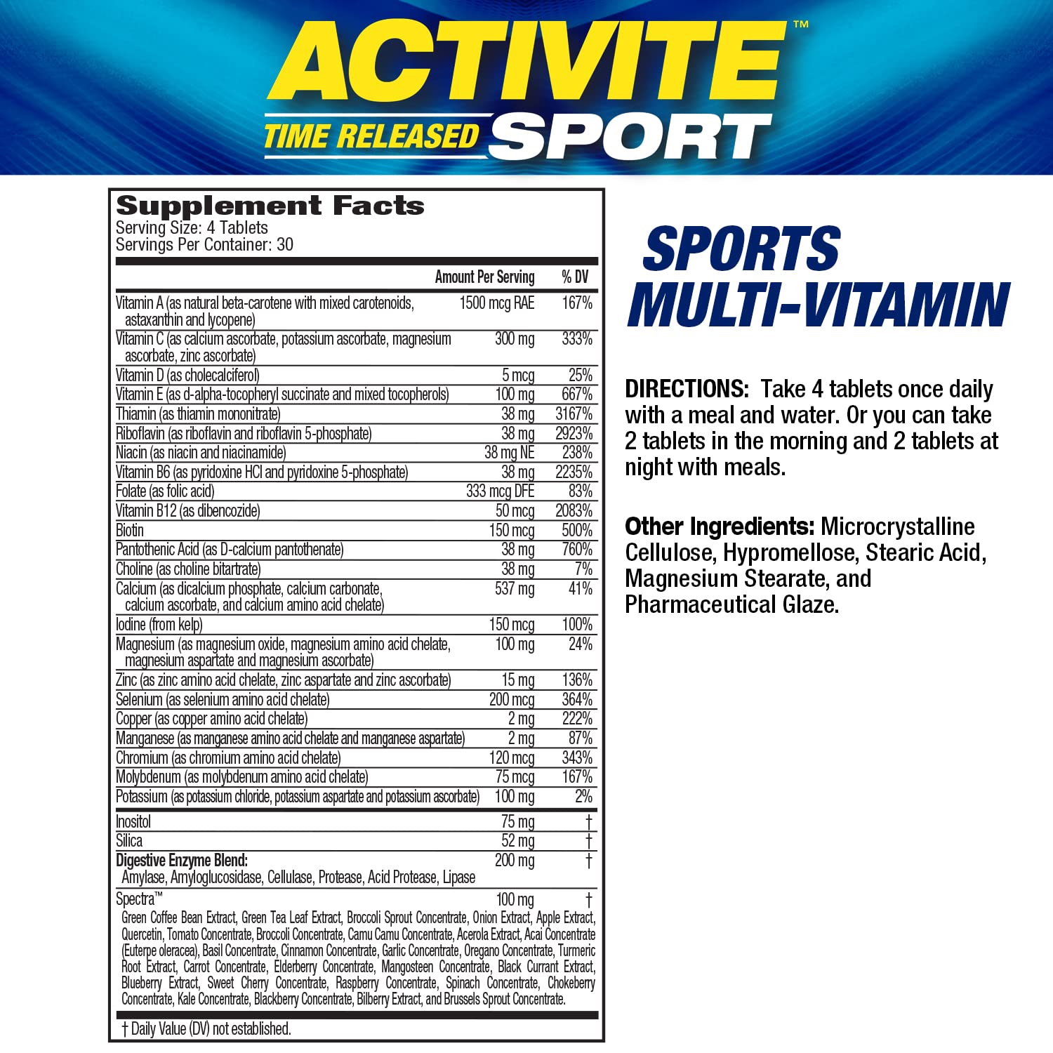 MHP Activite Sport Multi Vitamin, 25 Vitamins and Minerals, Nitric Oxide Booster, Digestive Enzymes, Antioxidants, 120 Tablets - TrustMedUSA