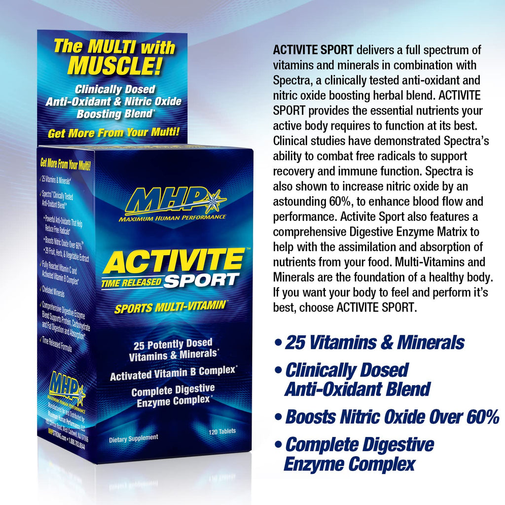 MHP Activite Sport Multi Vitamin, 25 Vitamins and Minerals, Nitric Oxide Booster, Digestive Enzymes, Antioxidants, 120 Tablets - TrustMedUSA