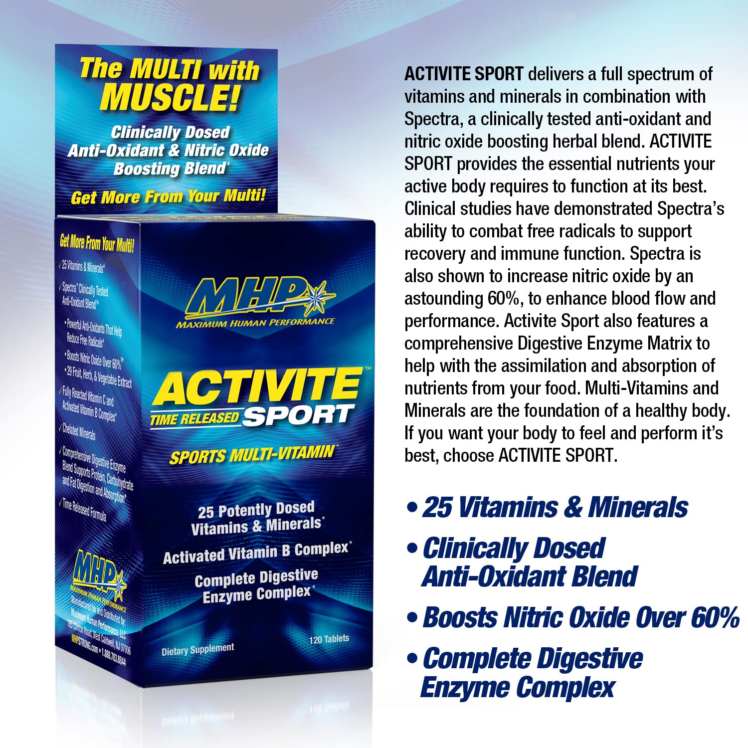 MHP Activite Sport Multi Vitamin, 25 Vitamins and Minerals, Nitric Oxide Booster, Digestive Enzymes, Antioxidants, 120 Tablets - TrustMedUSA