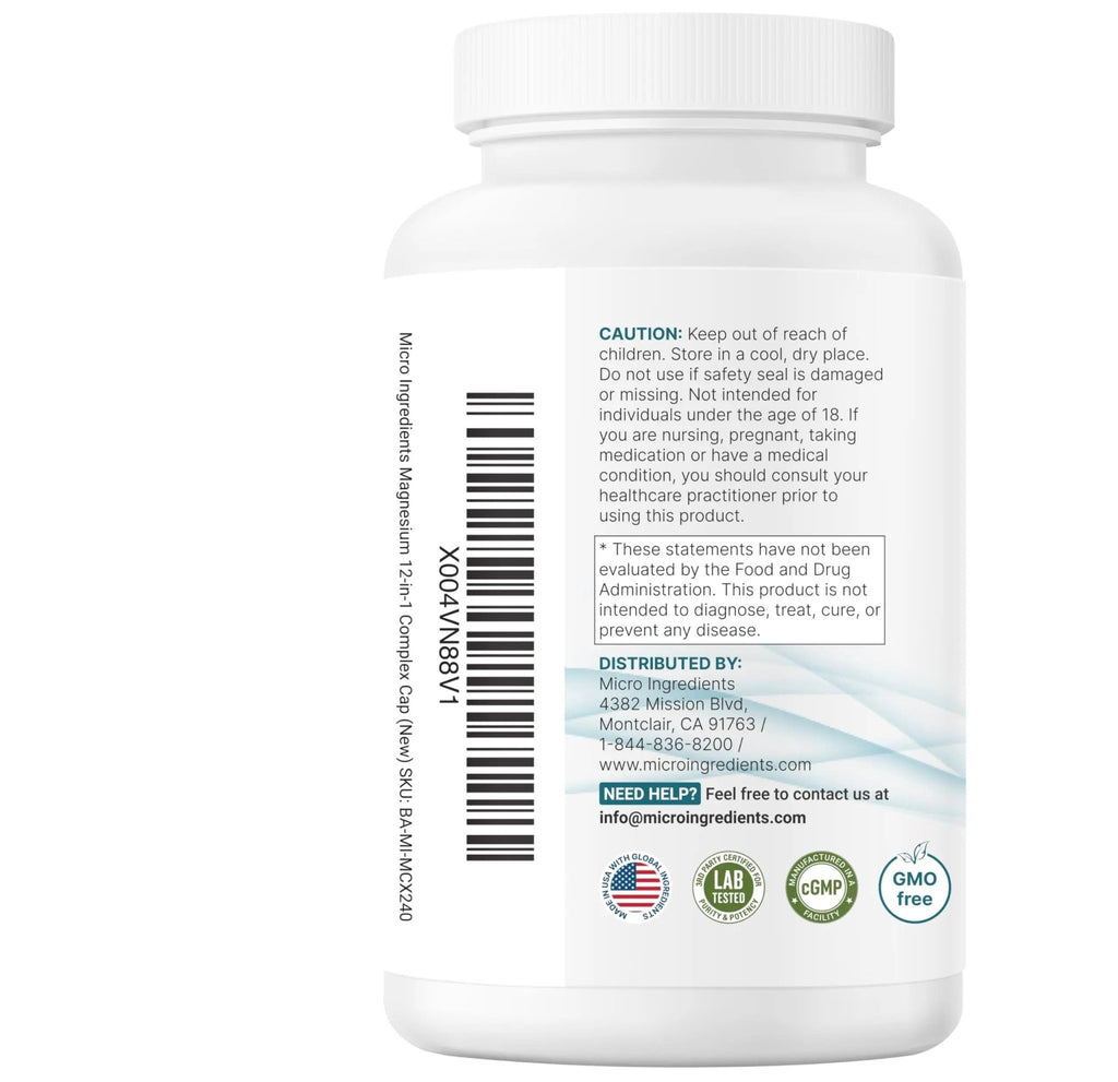 Micro Ingredients 12‑in‑1 Magnesium Complex 1000 mg, 240 Capsules – Magnesium Glycinate, Citrate, Taurate, Malate & More – High Absorption Formula for Men & Women – Chelated & Purified - TrustMedUSA