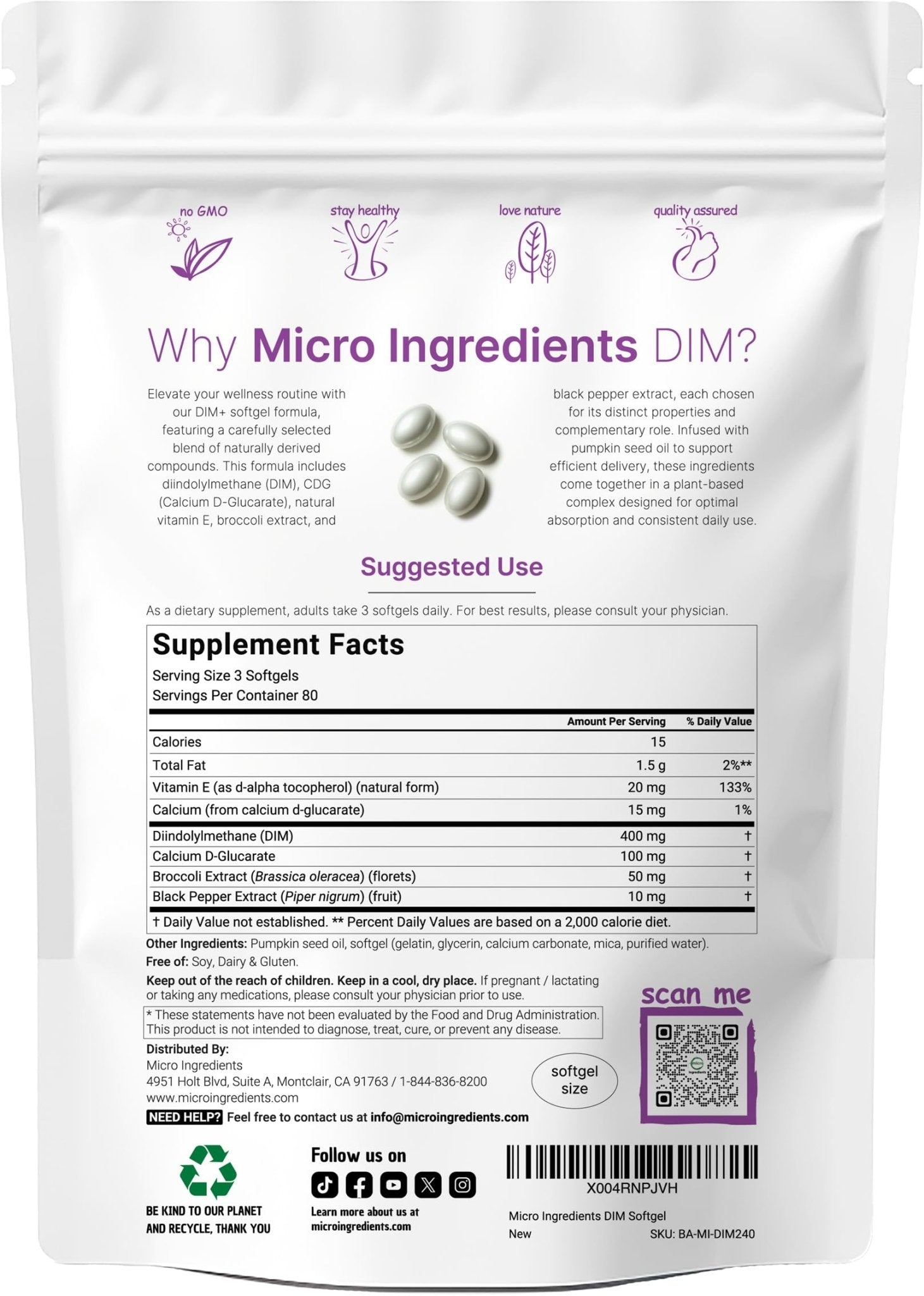 Micro Ingredients DIM+ Supplement 400mg for Men & Women | 240 Softgels with Pumpkin Seed Oil | Highly Bioavailable 7-in-1 Complex with Vitamin E, CDG, Broccoli & Black Pepper Extract - TrustMedUSA