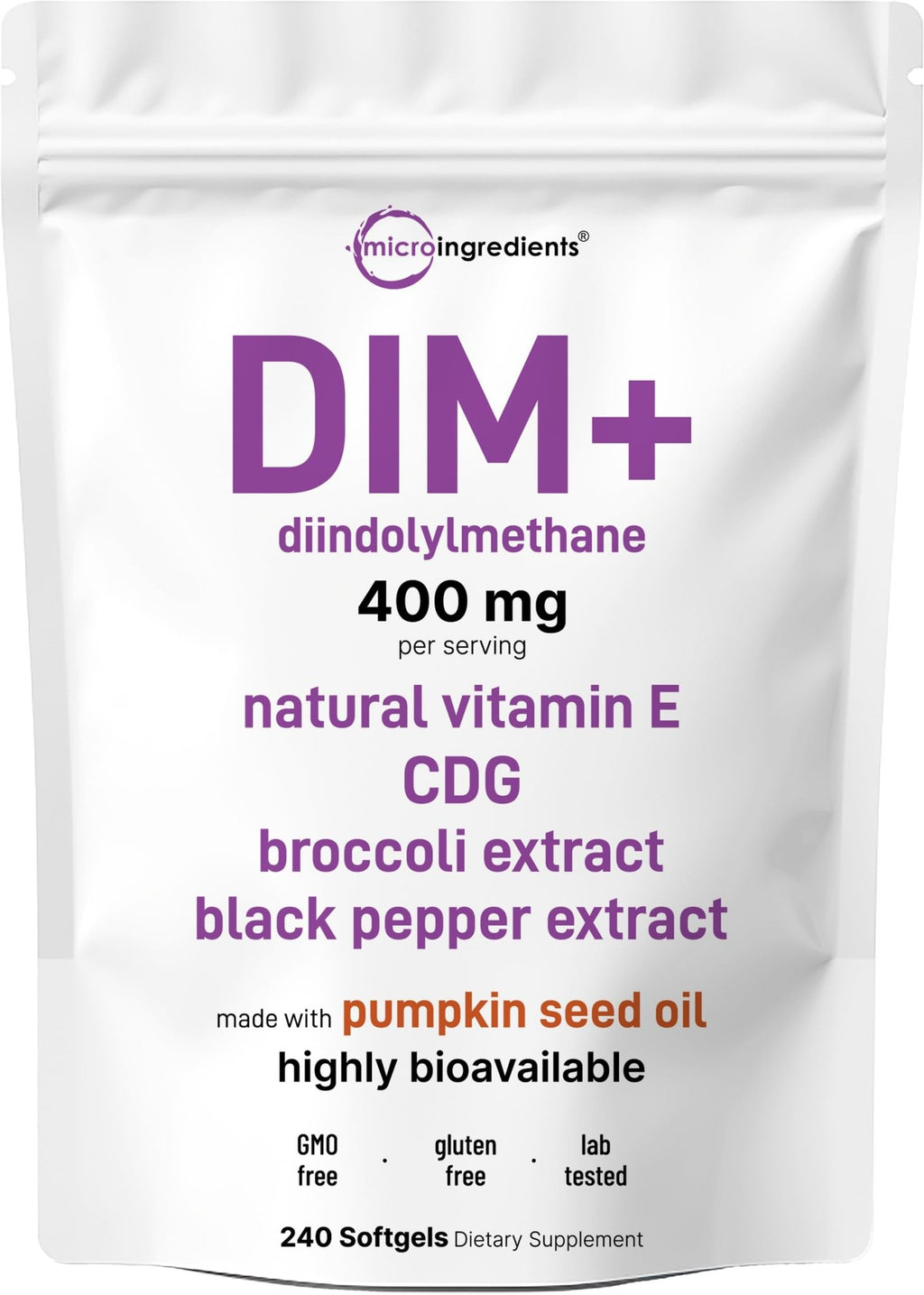 Micro Ingredients DIM+ Supplement 400mg for Men & Women | 240 Softgels with Pumpkin Seed Oil | Highly Bioavailable 7-in-1 Complex with Vitamin E, CDG, Broccoli & Black Pepper Extract - TrustMedUSA