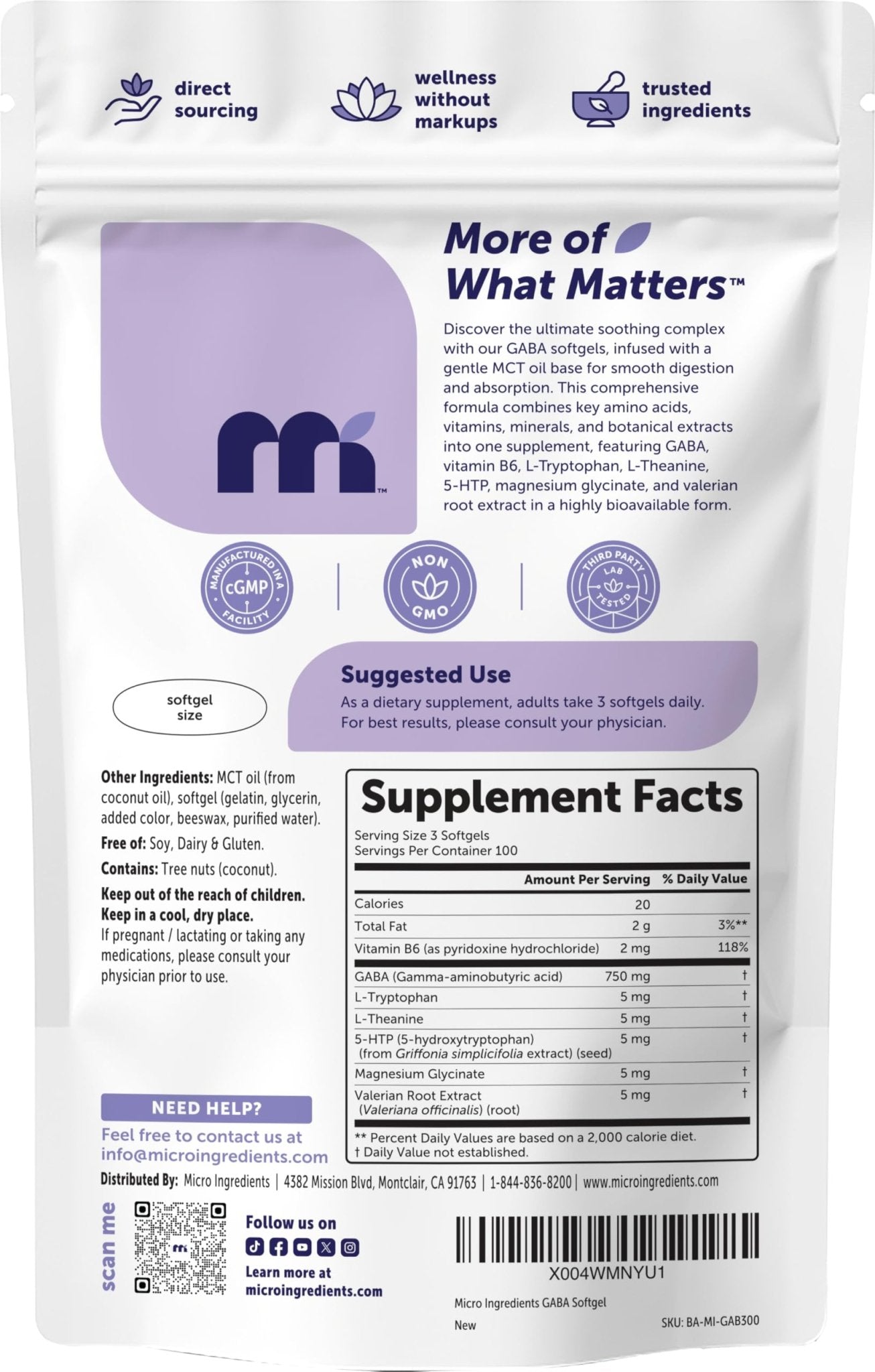 Micro Ingredients GABA 750 mg with MCT Oil, 300 Softgels | Gamma Aminobutyric Acid with Vitamin B6, 5-HTP, L-Theanine, L-Tryptophan & Magnesium Glycinate | Non-GMO, cGMP Manufactured - TrustMedUSA
