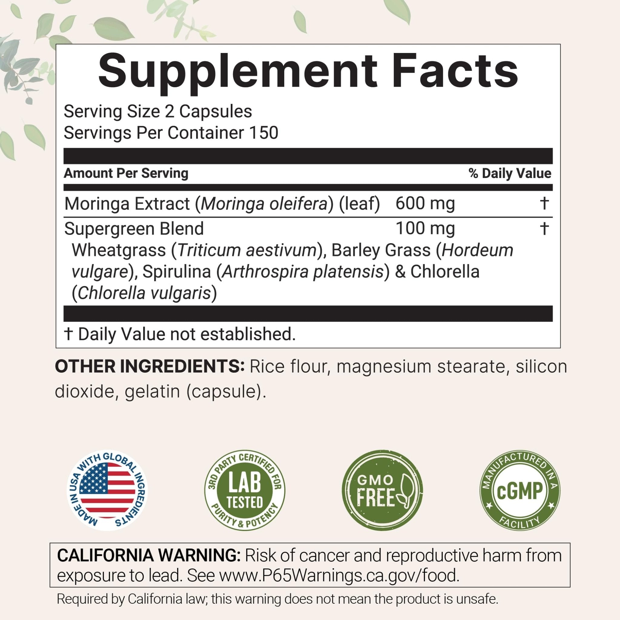 Micro Ingredients Moringa Oleifera | 300 Capsules with Supergreens Blend of Wheatgrass, Barley Grass, Spirulina, & Chlorella | Antioxidant Supplement, Energy, & Immune Support | Non-GMO - TrustMedUSA