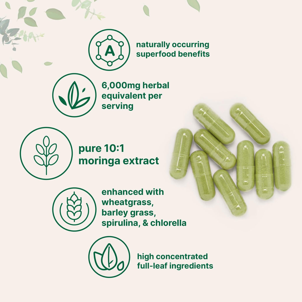 Micro Ingredients Moringa Oleifera | 300 Capsules with Supergreens Blend of Wheatgrass, Barley Grass, Spirulina, & Chlorella | Antioxidant Supplement, Energy, & Immune Support | Non-GMO - TrustMedUSA