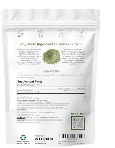 Micro Ingredients Organic Bamboo Extract Powder, 8oz (378 Servings) | Bamboo Plant Silica & Mineral Supplements | Natural Stem & Leaf Extract | Non-GMO, Gluten Free, Vegan Friendly - TrustMedUSA