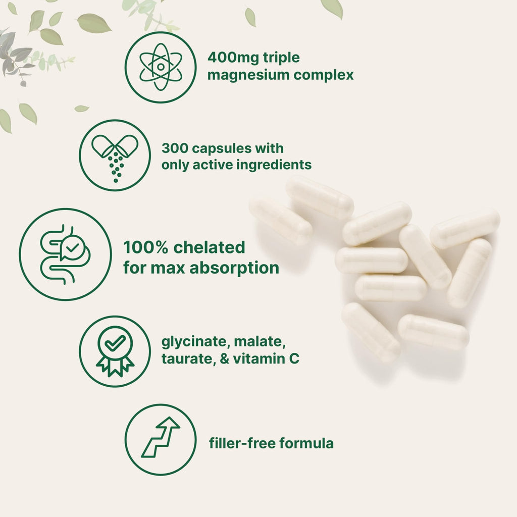 Micro Ingredients Pure Magnesium Complex, 300 Capsules | Triple Magnesium Glycinate, Malate, Taurate with Vitamin C | 100% Chelated | Supports Muscles - TrustMedUSA