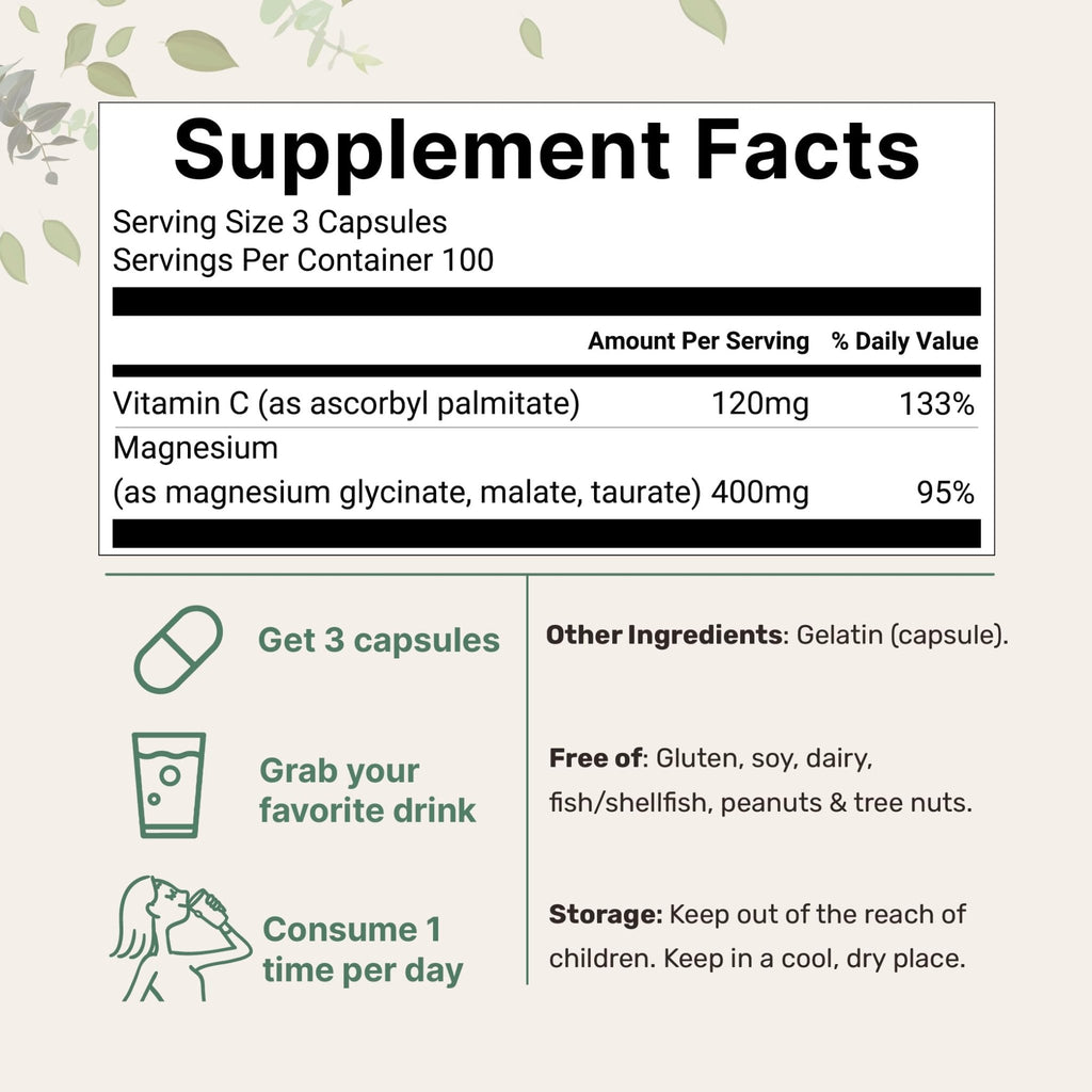 Micro Ingredients Pure Magnesium Complex, 300 Capsules | Triple Magnesium Glycinate, Malate, Taurate with Vitamin C | 100% Chelated | Supports Muscles - TrustMedUSA