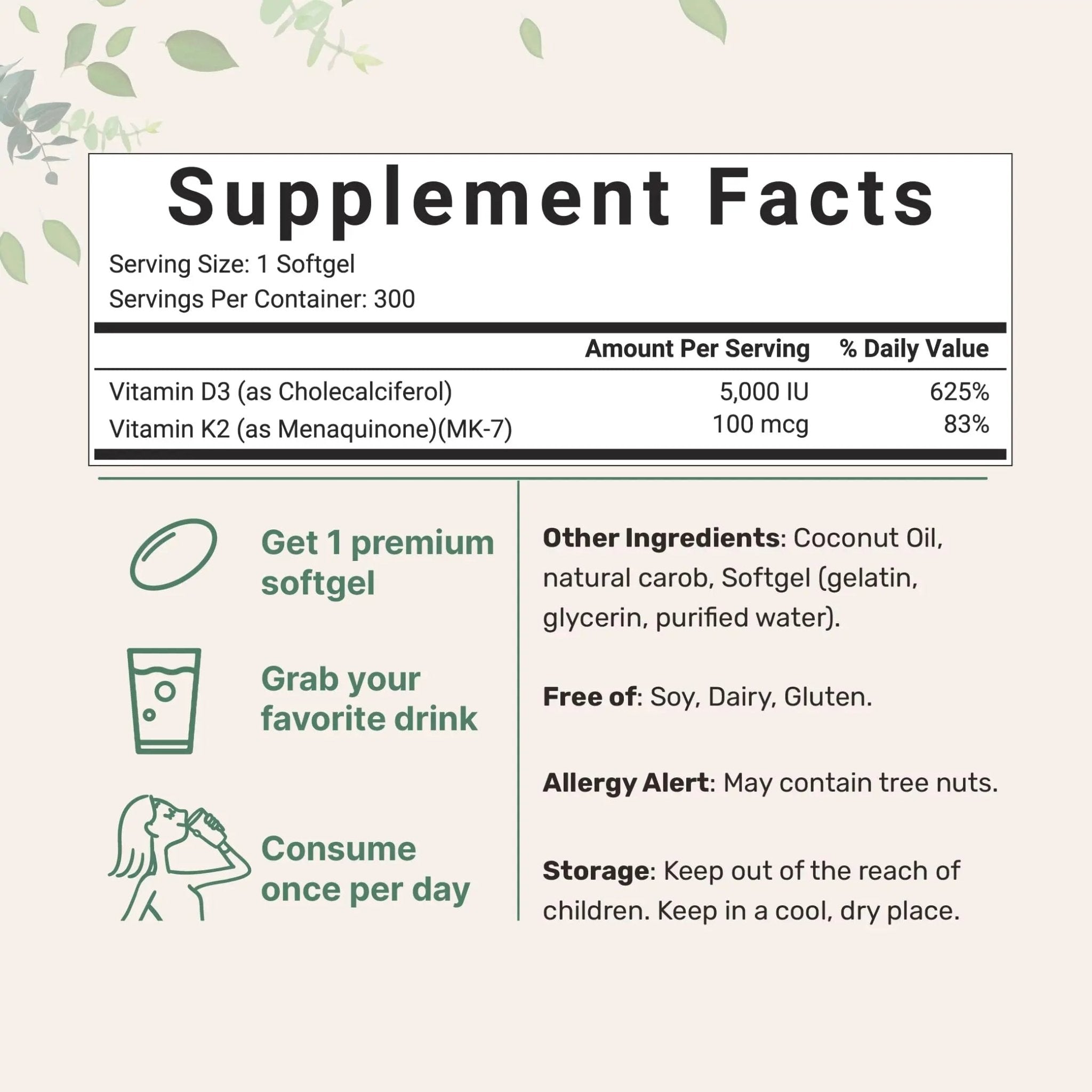 Micro Ingredients Vitamin D3 5000 IU Plus K2 (MK-7) 100 mcg, 300 Virgin Coconut Oil Softge - TrustMedUSA
