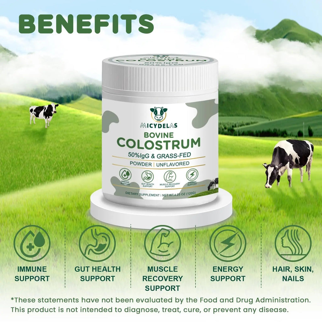 MICYDELAS Bovine Colostrum Supplement Powder 50% IgG Premium Bovine Colostrum for Gut Health Support, Immune Support, Muscle Recovery & Overall Wellness, Grass Fed, Non-GMO, Unflavored, 60 Servings - TrustMedUSA