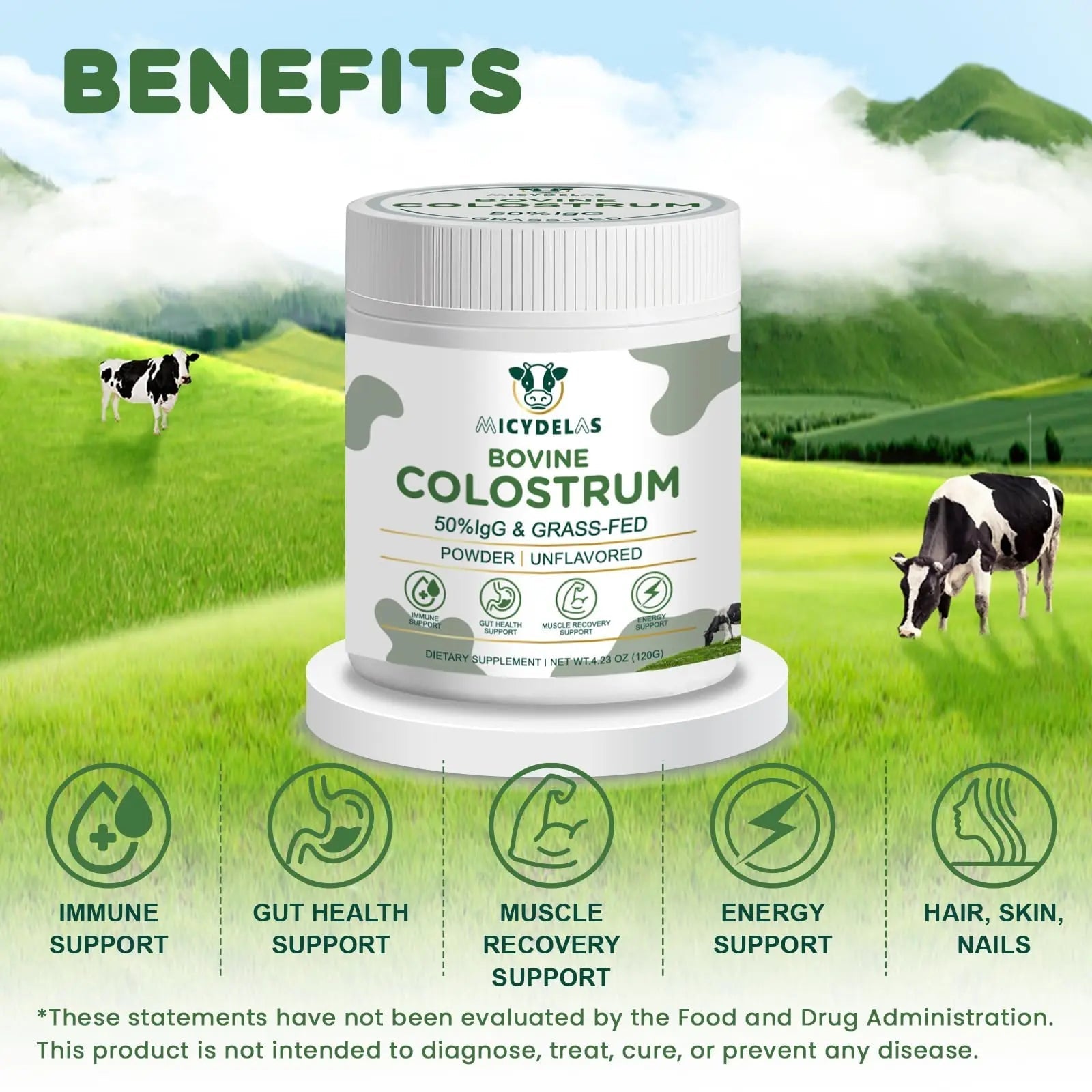 MICYDELAS Bovine Colostrum Supplement Powder 50% IgG Premium Bovine Colostrum for Gut Health Support, Immune Support, Muscle Recovery & Overall Wellness, Grass Fed, Non-GMO, Unflavored, 60 Servings - TrustMedUSA