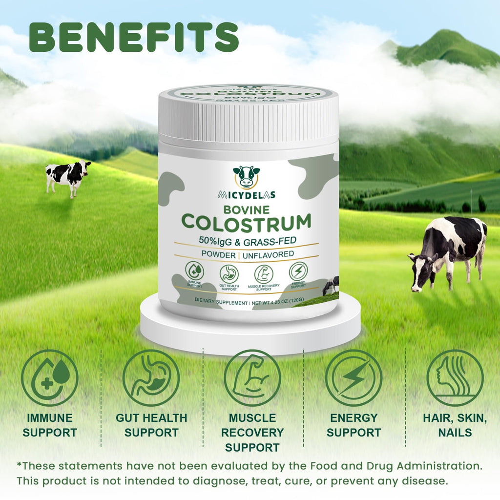 MICYDELAS Bovine Colostrum Supplement Powder 50% IgG Premium Bovine Colostrum for Gut Health Support, Immune Support, Muscle Recovery & Overall Wellness, Grass Fed, Non-GMO, Unflavored, 60 Servings - TrustMedUSA