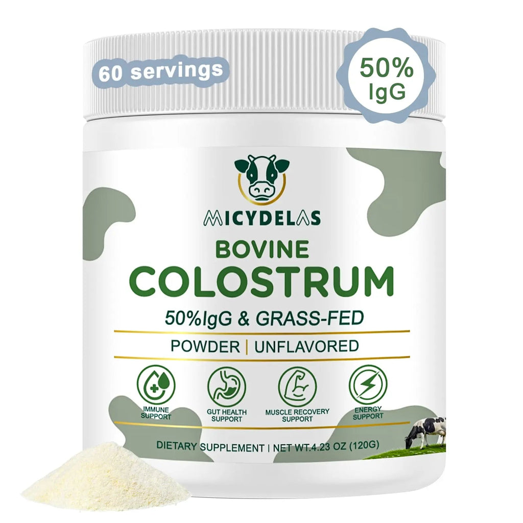 MICYDELAS Bovine Colostrum Supplement Powder 50% IgG Premium Bovine Colostrum for Gut Health Support, Immune Support, Muscle Recovery & Overall Wellness, Grass Fed, Non-GMO, Unflavored, 60 Servings - TrustMedUSA