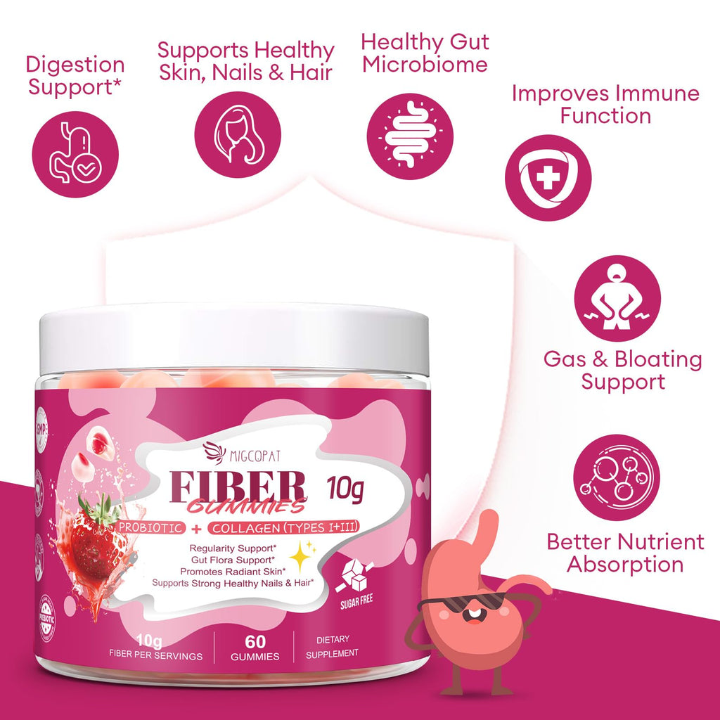 Migcopat 10G Fiber Gummies with Collagen Peptides, Hyaluronic Acid, Vitamin C, ACV, 30 Billion CFU Probiotics – Sugar Free Collagen Gummy for Skin, Hair & Nails - TrustMedUSA