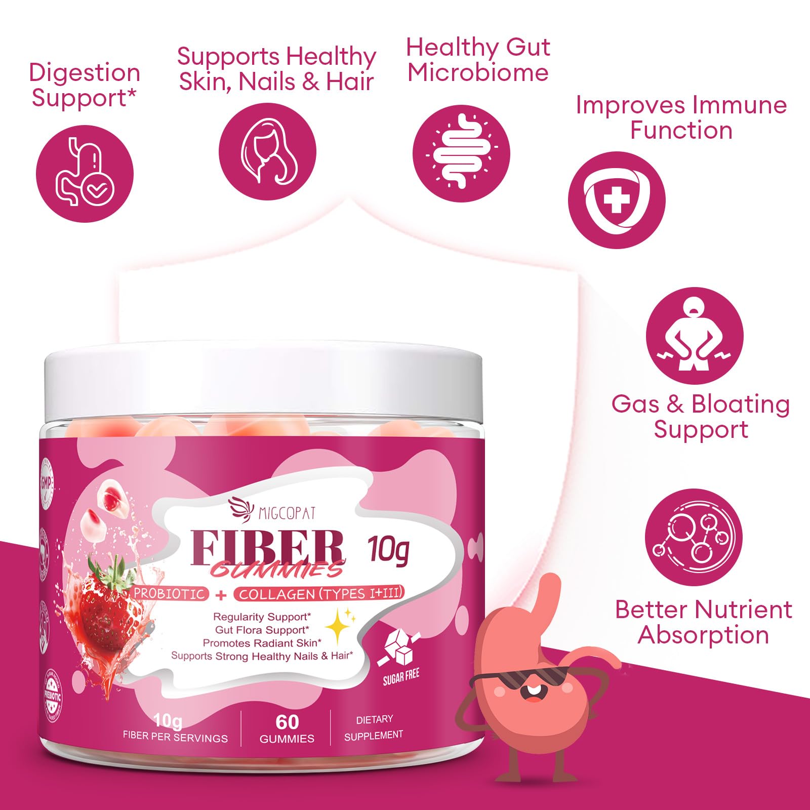 Migcopat 10G Fiber Gummies with Collagen Peptides, Hyaluronic Acid, Vitamin C, ACV, 30 Billion CFU Probiotics – Sugar Free Collagen Gummy for Skin, Hair & Nails - TrustMedUSA