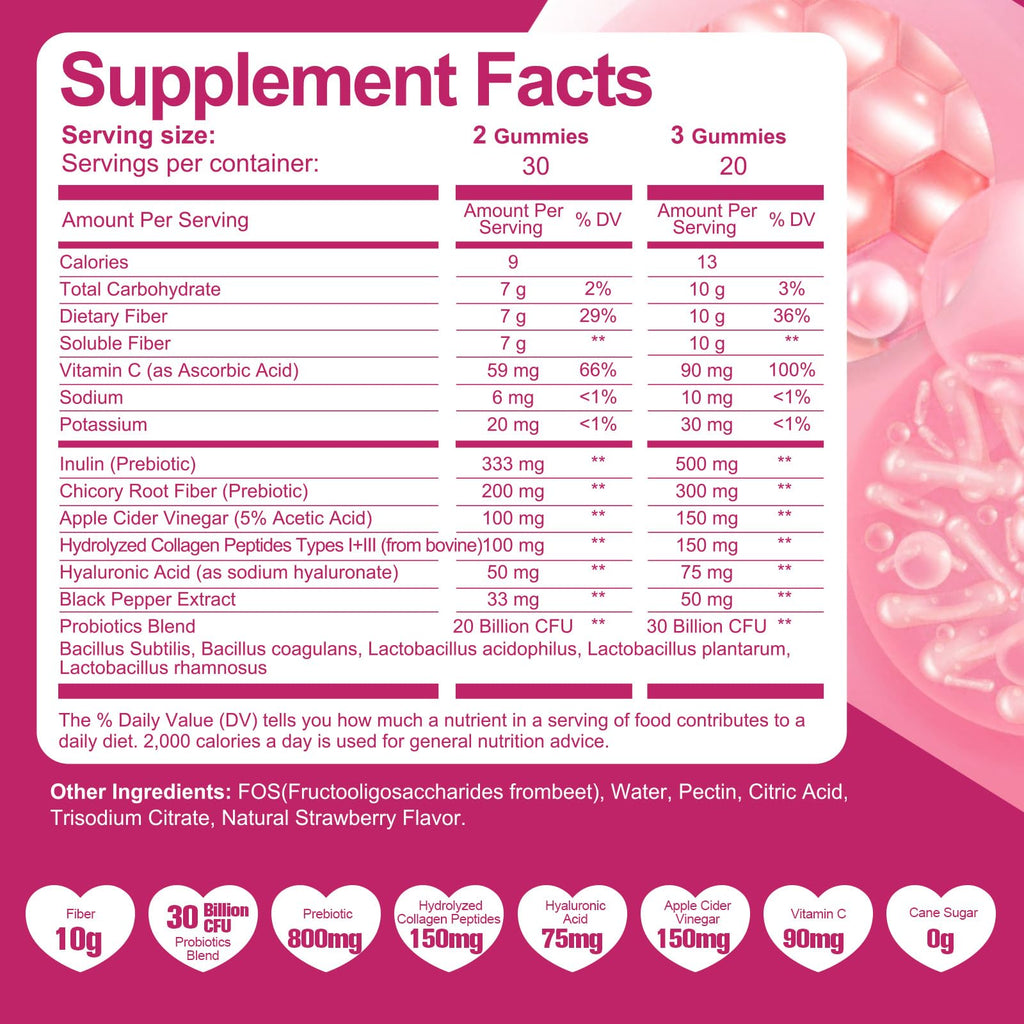 Migcopat 10G Fiber Gummies with Collagen Peptides, Hyaluronic Acid, Vitamin C, ACV, 30 Billion CFU Probiotics – Sugar Free Collagen Gummy for Skin, Hair & Nails - TrustMedUSA