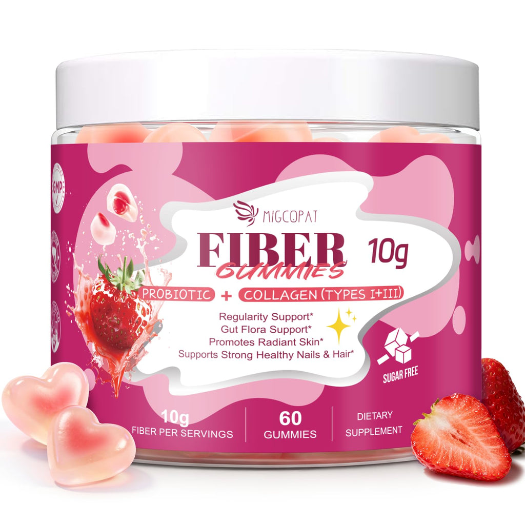 Migcopat 10G Fiber Gummies with Collagen Peptides, Hyaluronic Acid, Vitamin C, ACV, 30 Billion CFU Probiotics – Sugar Free Collagen Gummy for Skin, Hair & Nails - TrustMedUSA
