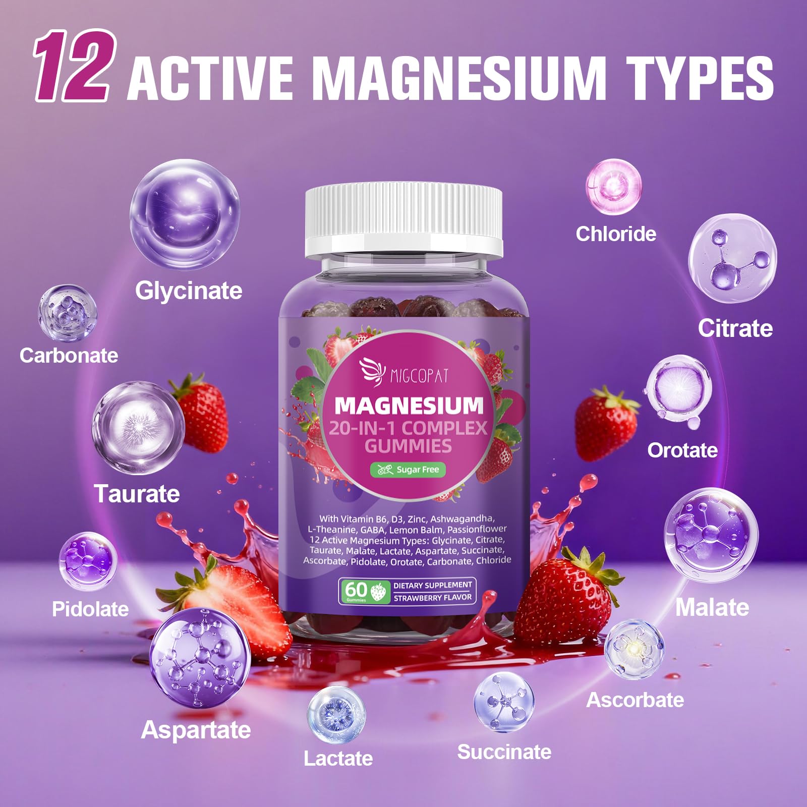 Migcopat Magnesium Complex Gummies, 20 in 1 Magnesium Gummy with Glycinate Citrate Malate Taurate - Ashwagandha, L-Theanine, D3&Zinc for Relaxation, - TrustMedUSA