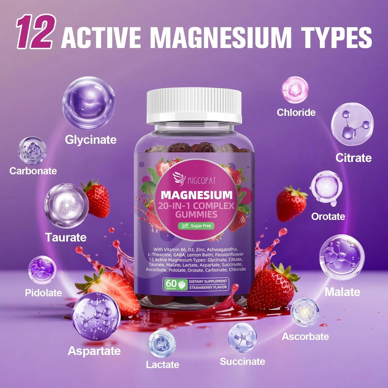 Migcopat Magnesium Complex Gummies, 20 in 1 Magnesium Gummy with Glycinate Citrate Malate Taurate - Ashwagandha, L-Theanine, D3&Zinc for Relaxation, Sleep, Muscle&Heart Support, Strawberry, 60 Cts - TrustMedUSA