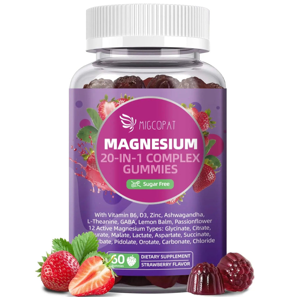 Migcopat Magnesium Complex Gummies, 20 in 1 Magnesium Gummy with Glycinate Citrate Malate Taurate - Ashwagandha, L-Theanine, D3&Zinc for Relaxation, Sleep, Muscle&Heart Support, Strawberry, 60 Cts - TrustMedUSA