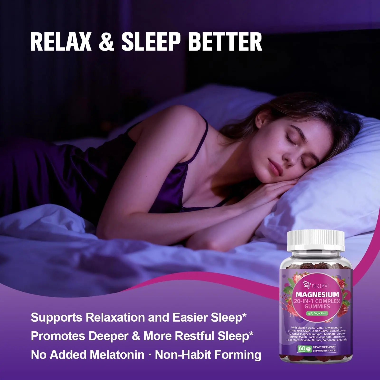 Migcopat Magnesium Complex Gummies, 20 in 1 Magnesium Gummy with Glycinate Citrate Malate Taurate - Ashwagandha, L-Theanine, D3&Zinc for Relaxation, Sleep, Muscle&Heart Support, Strawberry, 60 Cts - TrustMedUSA