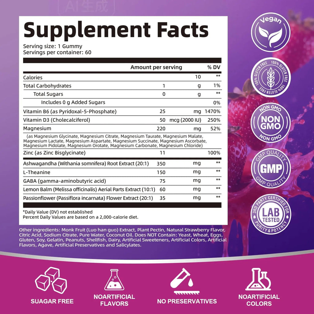 Migcopat Magnesium Complex Gummies, 20 in 1 Magnesium Gummy with Glycinate Citrate Malate Taurate - Ashwagandha, L-Theanine, D3&Zinc for Relaxation, Sleep, Muscle&Heart Support, Strawberry, 60 Cts - TrustMedUSA
