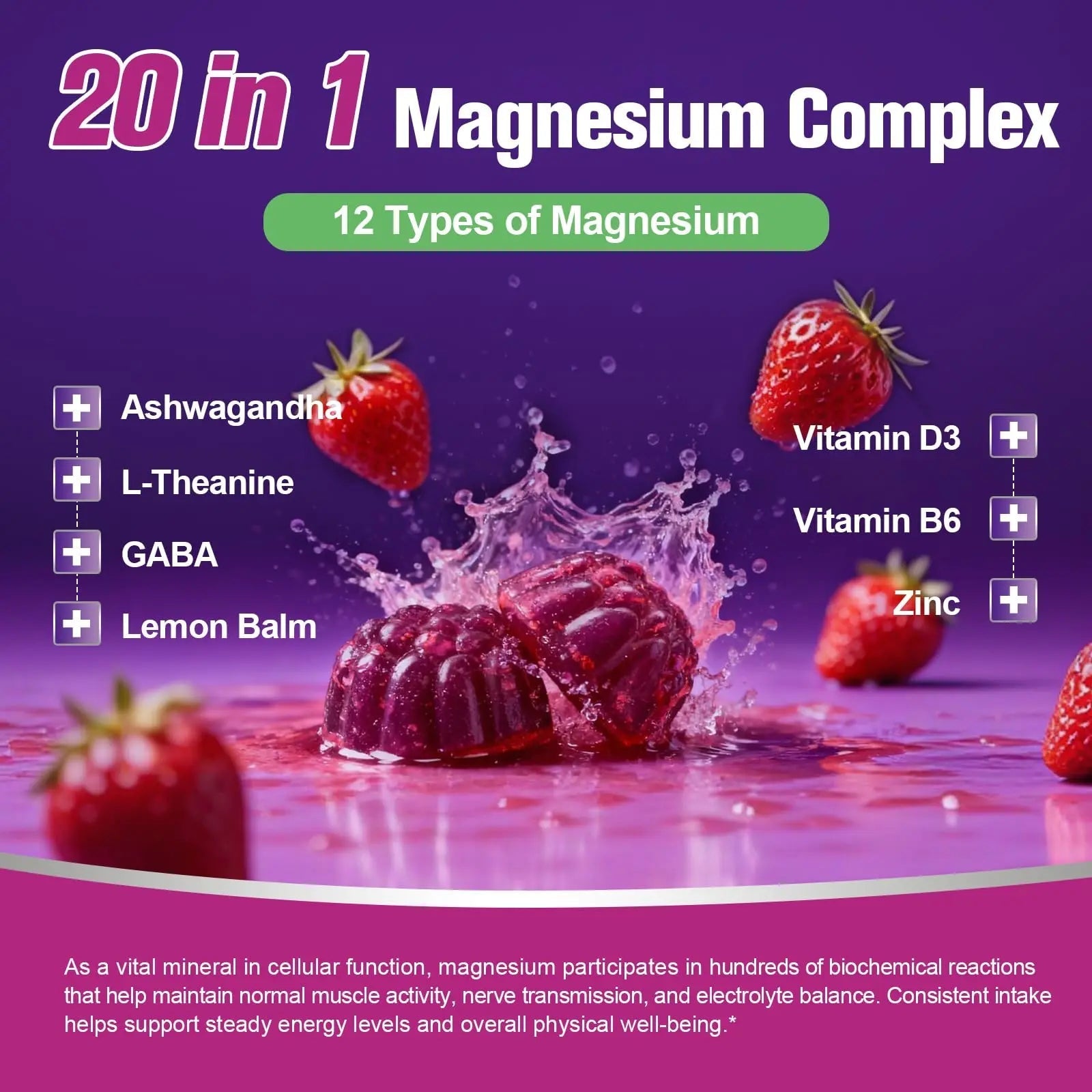 Migcopat Magnesium Complex Gummies, 20 in 1 Magnesium Gummy with Glycinate Citrate Malate Taurate - Ashwagandha, L-Theanine, D3&Zinc for Relaxation, Sleep, Muscle&Heart Support, Strawberry, 60 Cts - TrustMedUSA