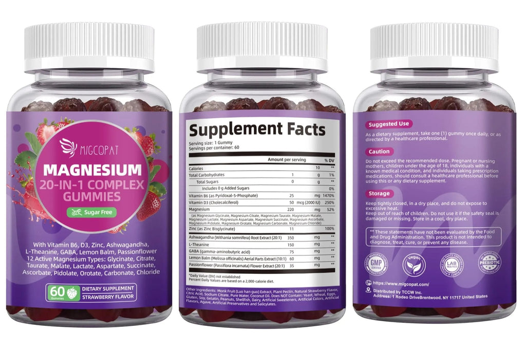 Migcopat Magnesium Complex Gummies, 20 in 1 Magnesium Gummy with Glycinate Citrate Malate Taurate - Ashwagandha, L-Theanine, D3&Zinc for Relaxation, Sleep, Muscle&Heart Support, Strawberry, 60 Cts - TrustMedUSA