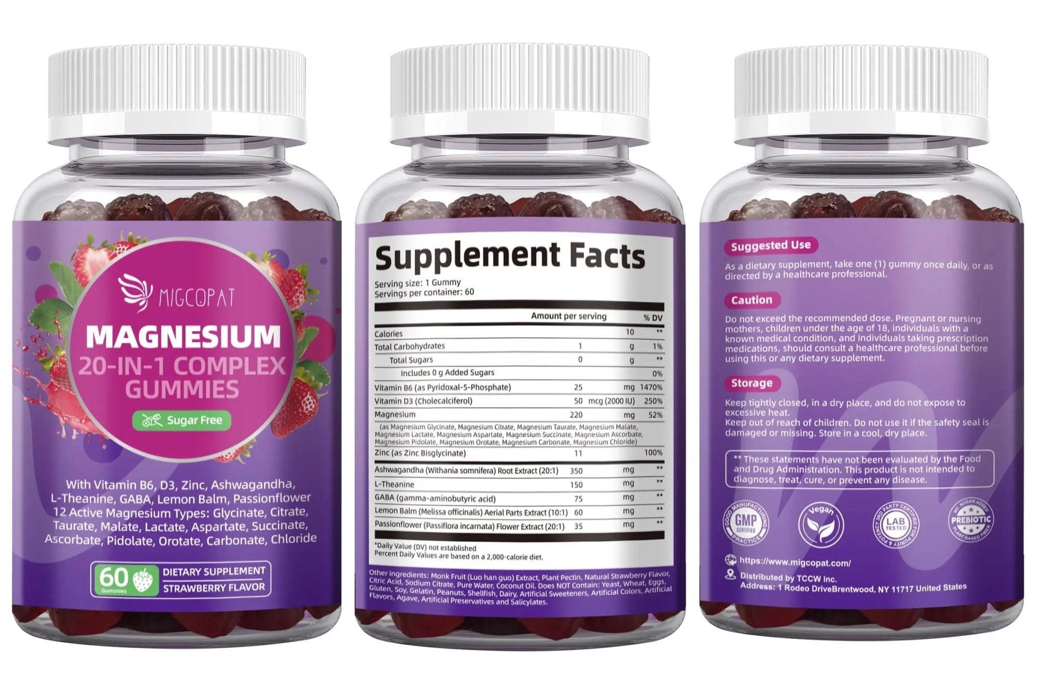 Migcopat Magnesium Complex Gummies, 20 in 1 Magnesium Gummy with Glycinate Citrate Malate Taurate - Ashwagandha, L-Theanine, D3&Zinc for Relaxation, Sleep, Muscle&Heart Support, Strawberry, 60 Cts - TrustMedUSA