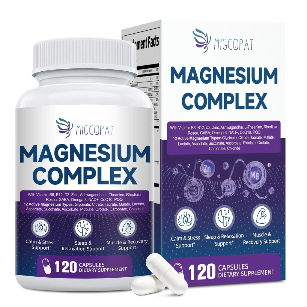 Migcopat Magnesium Complex w/Magnesium Glycinate, Malate, Citrate | 24-in-1 Magnesium Supplement w/Ashwagandha, L-Theanine & NAD+ | Supports Calm, Energy, Muscle & Sleep | Non-GMO, 120 Vegan Caps - TrustMedUSA
