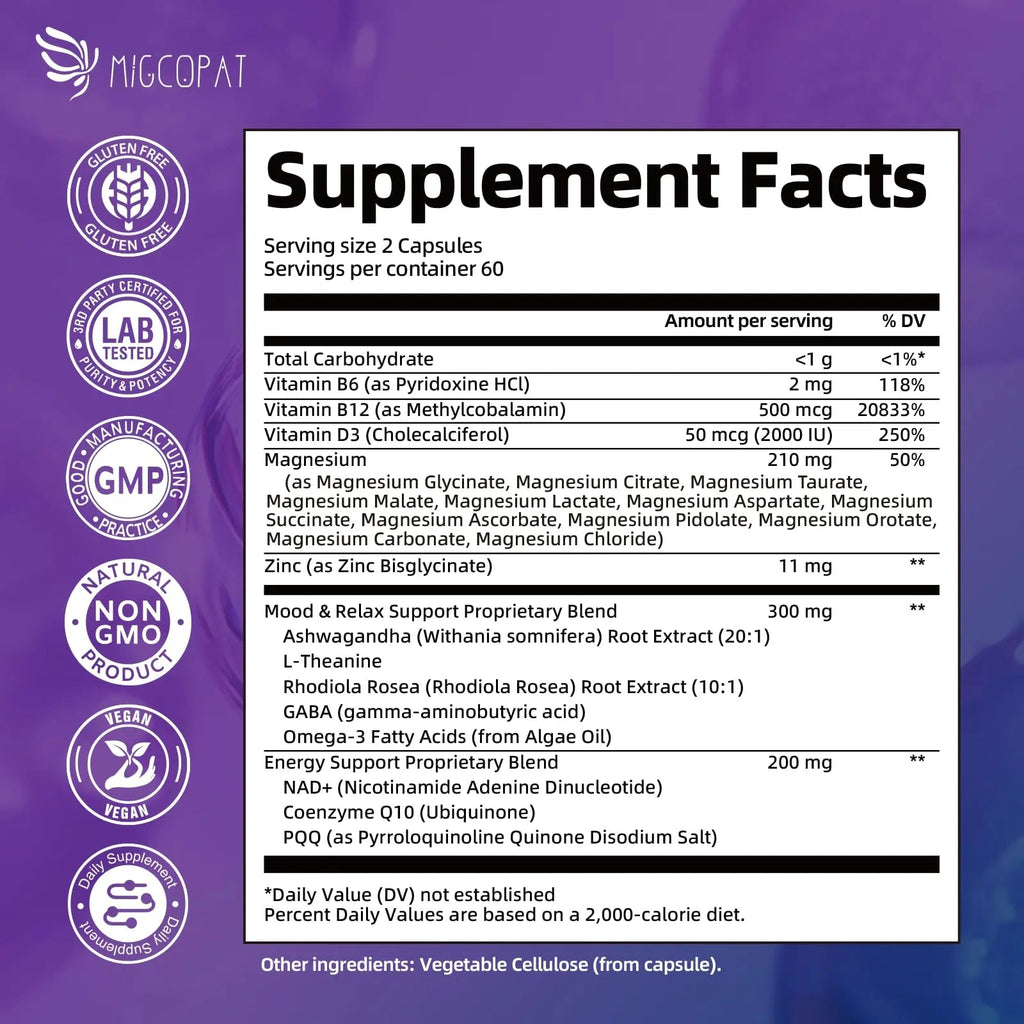 Migcopat Magnesium Complex w/Magnesium Glycinate, Malate, Citrate | 24-in-1 Magnesium Supplement w/Ashwagandha, L-Theanine & NAD+ | Supports Calm, Energy, Muscle & Sleep | Non-GMO, 120 Vegan Caps - TrustMedUSA
