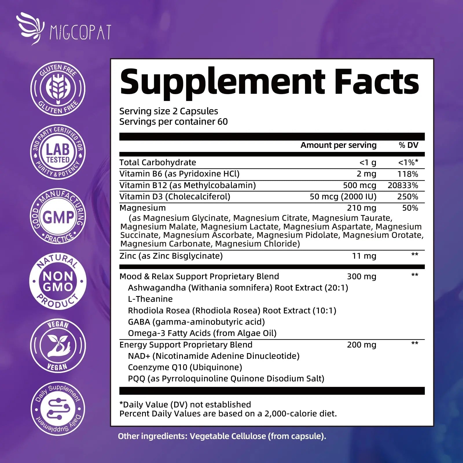 Migcopat Magnesium Complex w/Magnesium Glycinate, Malate, Citrate | 24-in-1 Magnesium Supplement w/Ashwagandha, L-Theanine & NAD+ | Supports Calm, Energy, Muscle & Sleep | Non-GMO, 120 Vegan Caps - TrustMedUSA