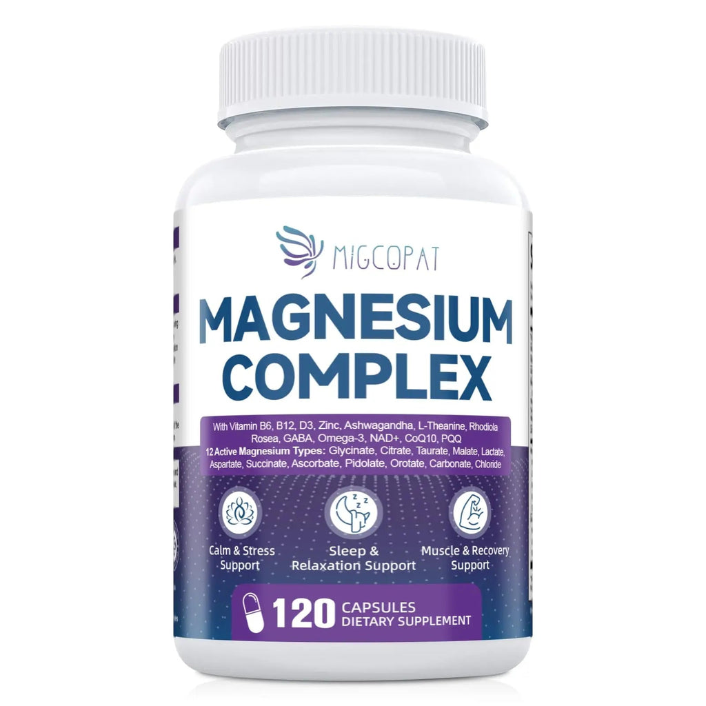 Migcopat Magnesium Complex w/Magnesium Glycinate, Malate, Citrate | 24-in-1 Magnesium Supplement w/Ashwagandha, L-Theanine & NAD+ | Supports Calm, Energy, Muscle & Sleep | Non-GMO, 120 Vegan Caps - TrustMedUSA