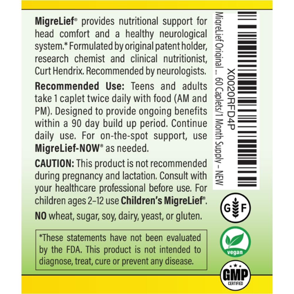 MigreLief Original Triple Therapy with Puracol - Nutritional Support for Migraine Sufferers - 60 Caplets/1 Month Supply - TrustMedUSA