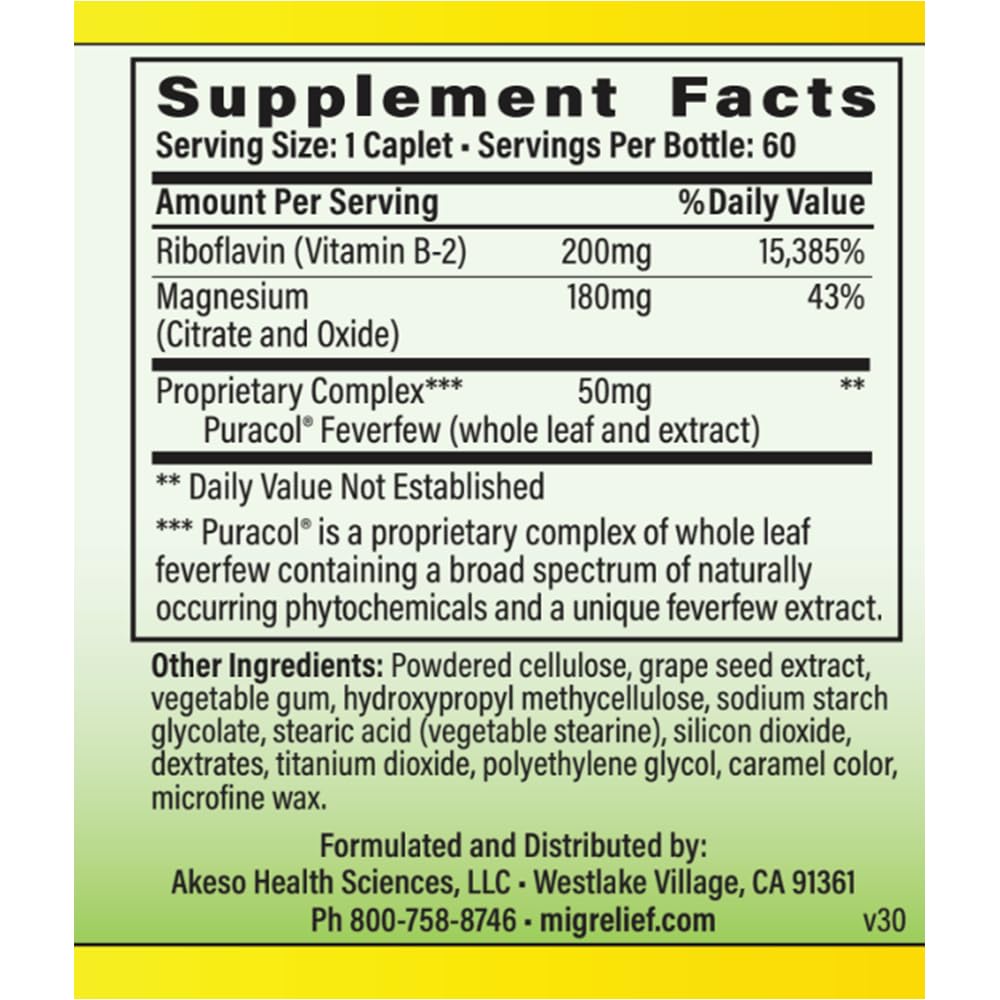 MigreLief Original Triple Therapy with Puracol - Nutritional Support for Migraine Sufferers - 60 Caplets/1 Month Supply - TrustMedUSA