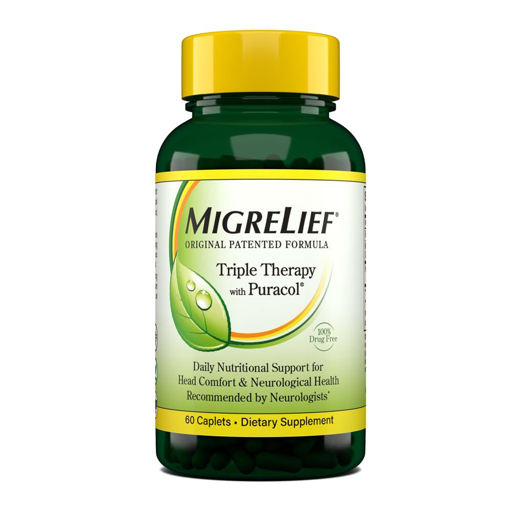 MigreLief Original Triple Therapy with Puracol - Nutritional Support for Migraine Sufferers - 60 Caplets/1 Month Supply - TrustMedUSA
