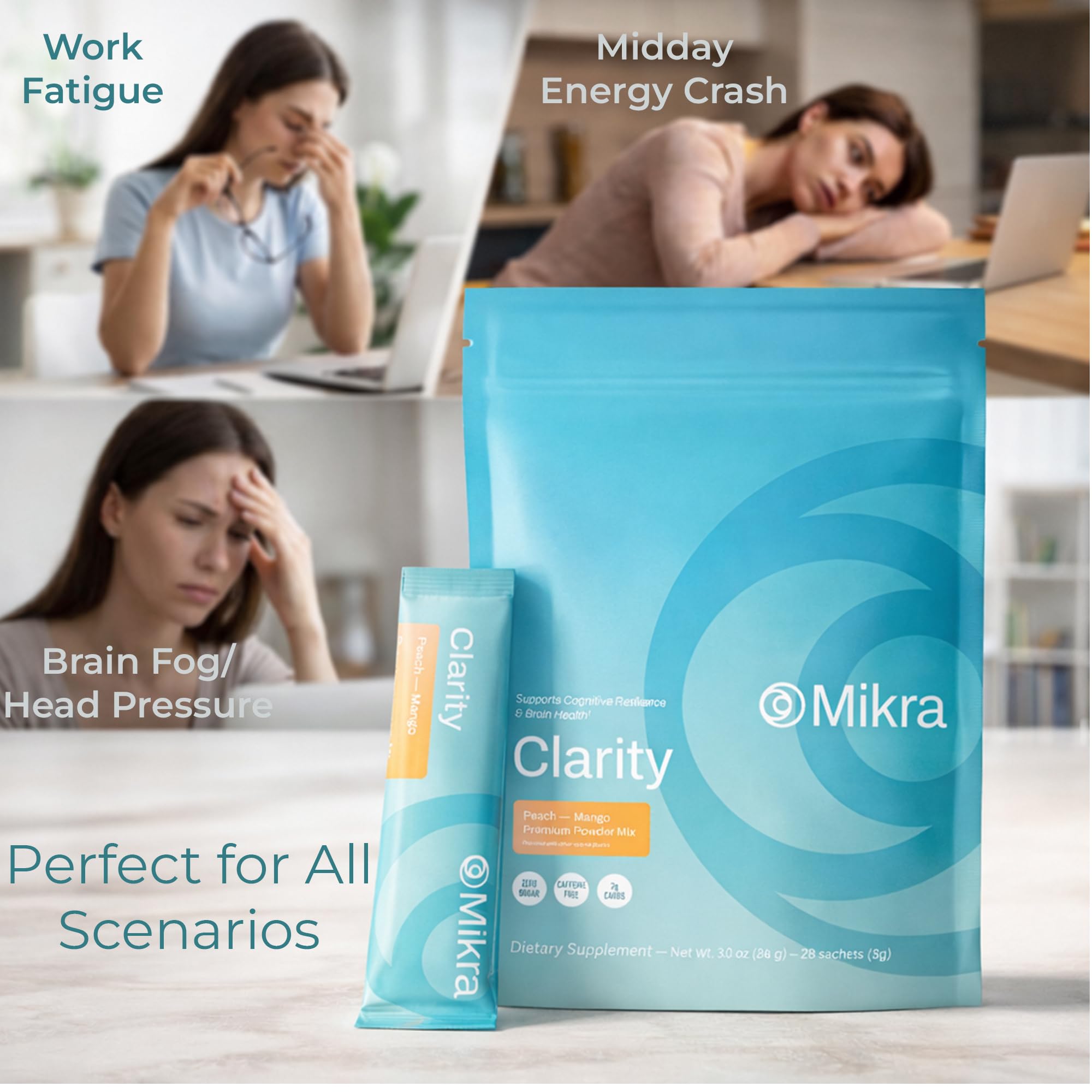 Mikra Clarity Nootropic Focus Drink Mix - Daily Cognitive & Calm Support Formula with Citicoline, Lion’s Mane & L-Theanine - Calm Drink Mix & Focus Aid for Energy and Clarity - 14 Single-Serve Sachets - Maple Wellness Supplements