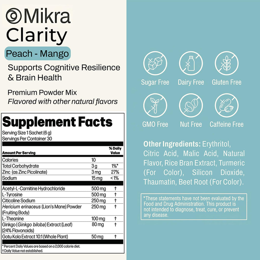 Mikra Clarity Nootropic Focus Drink Mix - Daily Cognitive & Calm Support Formula with Citicoline, Lion’s Mane & L-Theanine - Calm Drink Mix & Focus Aid for Energy and Clarity - 14 Single-Serve Sachets - Maple Wellness Supplements