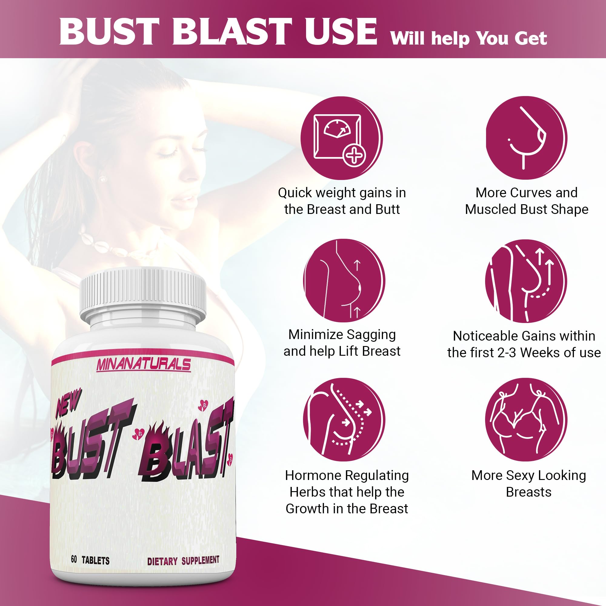 MINANATURALS Bust Blast Loaded Increase Breast Size Fast. Female Breast Enhancement - Bigger Boobs and Butt Pills. 60 Tablets - TrustMedUSA