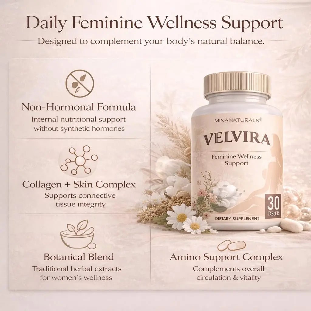 MINANATURALS VELVIRA Feminine Wellness Support Supplement for Women Herbal Rejuvenation Formula with Vitamins, Amino Acids & Collagen 30 Tablets - TrustMedUSA